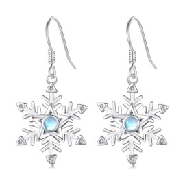 Snowflake Earrings 925 Sterling Silver Winter Snow Flower Drop Dangle Earrings Moonstone Christmas Snowflake Earrings Holiday Christmas Jewelry Gifts for Women Female friends chicas