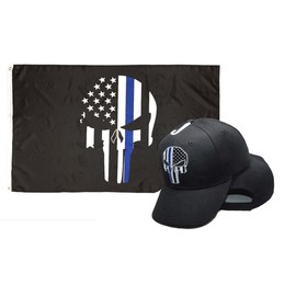 AES Wholesale Combo 3x5 USA Thin Blue Line Demon Skull Flag & Adjustable Hat Cap Fade Resistant Double Stitched Premium Penant House Banner Grommets