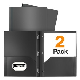 Dunwell Plastic Folders with 3 Prongs, (2 Pack, Black), 2-Pocket Folders with Fasteners, Durable Acid-Free Poly for Long Term Use, Includes Labels
