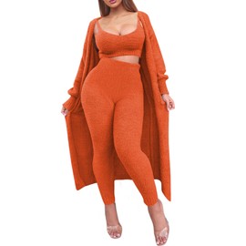 Fixmatti 3 Piece Knit Pajama Set for Women Fuzzy Outfits Long Cardigans Crop Tank Tops Legging Sweatsuit Orange XL