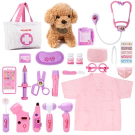Meland Toy Doctor Kit for Girls, Pretend Play Toy Doctor Set with Dog , Carrying Bag, Stethoscope & Dress Up Costume Gift for Kids Toddlers Ages 3 4 5 6 Year Old for Role Play