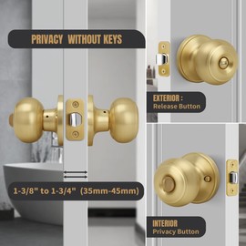 Gaurqiah Keyless Privacy Door Knob, Flat Ball Interior Door Knob, Round Locking Doorknob for Bedroom/Bathroom Doors, Satin Brass