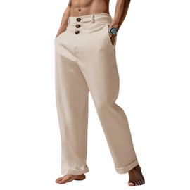 Runcati Mens Cotton Linen Pants Elastic Waist Casual Lightweight Loose Fit Beach Yoga Pants Beige