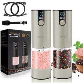 Electric Salt and Pepper Grinder Set - Upgraded Larger Capacity, with display screen and LED lights, USB Rechargeable, Adjustable Coarseness, 2 Pack (Khaki)