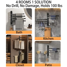 Swivel Towel Racks for Bathroom/Kitchen, Wall Mounted No Drill Heavy Duty Towel Holder with Multi-Bar, Carbon Steel Stainless Swing Rod Towel Bar,White 4-Arms Space Saving Adhesive Towel Hanger Bath