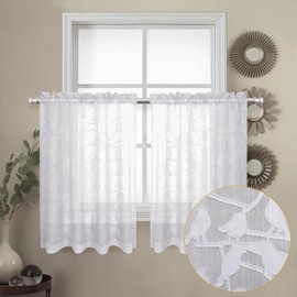 OVZME Anji Textured White Kitchen Sheer Curtain Tiers 36 inch Length 2 Panels Set, Elegant Farmhouse Short Sheer Curtains for Small Windows/Bathroom/Cafe/Living Room, Dual Rod Pocket, W38 x L36 Inch
