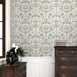 REDAMANCY Vintage White Grey Damask William Morris Flower Peel and Stick Wallpaper Stick on Contact Paper Vintage Wall Paper Easy Peel Off for nightstand Drawer Cabinet Renter