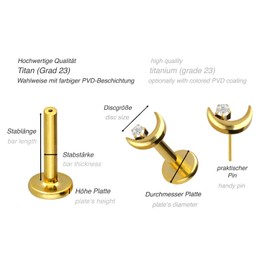 PIERCINGLINE Titanium Labret with Push Fit Moon and Crystal Piercing Nose Ear Lip Conch Tragus Medusa Choice of Colours and Sizes, Titanium