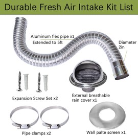 Elmfruit Pellet Stove Intake Kit, 2" x 60'' Extendable & Bendable Fresh Air Intake Vent Pipe Kit, Weather-Resistant Stainless Steel Rain Cover