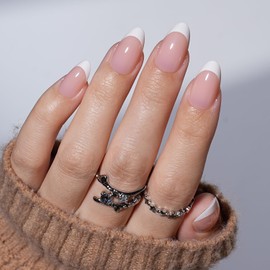 French Tip Press On Nails - White Short Almond Fake Nails, French Tip Press On Nails Reusable Stick On Nails in 16 Sizes, 32pcs False Nail Kit for Women & Girls