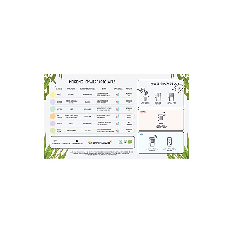 FLOR DE LA PAZ Bienestar, infusión herbal orgánica de cedrón,