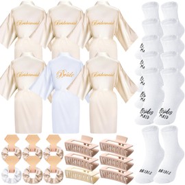 Bonuci 24 Pcs Bride Bridesmaid Robes Set of 6 Bridal Silk Satin Robes for Wedding Bachelorette Party Bridal Shower Gifts(White and Champagne)