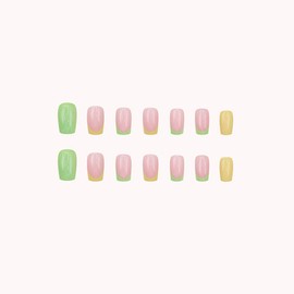 SINHOT Square Press on Nails Medium - Green Yellow Fake Nails Glossy Glue on Nails Summer Acrylic Nails Squoval Artificial Nail Art French Tip Stick on False Nails with Design DIY 24 pcs