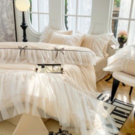 SOUKECHY Lace Ruffled Queen Duvet Cover Set, Chic Bedding with Bow,Kids Princess Bedding,100% Polyester,Lightweight Duvet Cover Set with Zipper Closure,Coquette Room Decor-Champagne,Queen Size