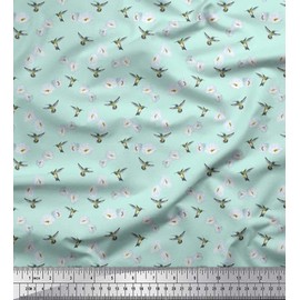 Soimoi Green Silk Fabric Magnolia & Hummingbird Night Wear Printed Craft Fabric BTY 42 Inch Wide
