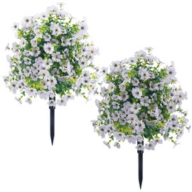 2 Pack Artificial Topiary Trees with Ground Spike, 23.6" UV Resistant Artificial Flowers Fake Boxwood Plants Outdoor for Garden Patio Home Decor (White)
