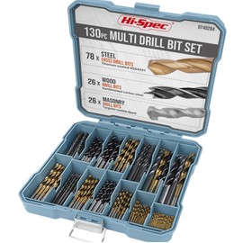 Hi-Spec Juego de Brocas Múltiples de 130 Piezas. Set Brocas de Acero Recubiertas en Titanio HSS. Para Metal, Madera y Piedra. Kit de Herramienta Esencial Para Taladros Electricos. Con Maletín