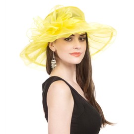 Saferin Women Dress Organza Kentucky Derby Church Wedding Wide Brim Polyester Race Top Sun Protection Hat (Yellow with Bowknot)