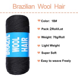 Mscat 2 Roll Natural Black Brazilian Wool Hair Yarn for Hair Crochet Braiding Braid Twist Warps Senegalese Twisting Jumbo Braids Faux locs Box Braids Knitting Hair Braids 70G/Roll(1B#)