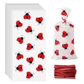 Lecpeting 100 Pcs Ladybug Treat Bags Ladybug Cellophane Candy Bags Ladybug Party Favor with Twist Ties for Theme Birthday Party Supplies