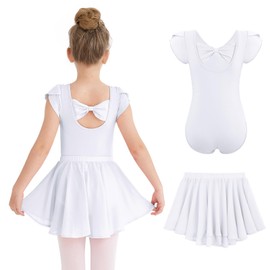 HOZIY Toddler Ballet Leotard Outfit Two Piece White Petal Sleeve Pleated V-Neck Bow Back Leotards Gymnastics with Skirts Size 2t 3t