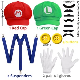 MOVINPE Mario and Luigi Hats Mustaches Gloves Buttons Cosplay Costume