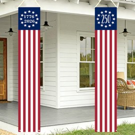 250th Anniversary Decorations, Outdoor Hanging 250 & 1776-2026 American Flag Banners Stars and Stripes Porch Sign for Patriotic Memorial Day Decor 4th of July Party Supplies