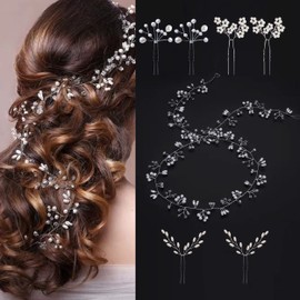 7 PCS Bridal Hair Accessories, 19.7 Inch Wedding Hair Vine for Brides, Handmade Rhinestones Headpieces Wedding Hair Accessories with 6 Rhinestone Hair Pins Wedding Headband for Brides Bridesmaids