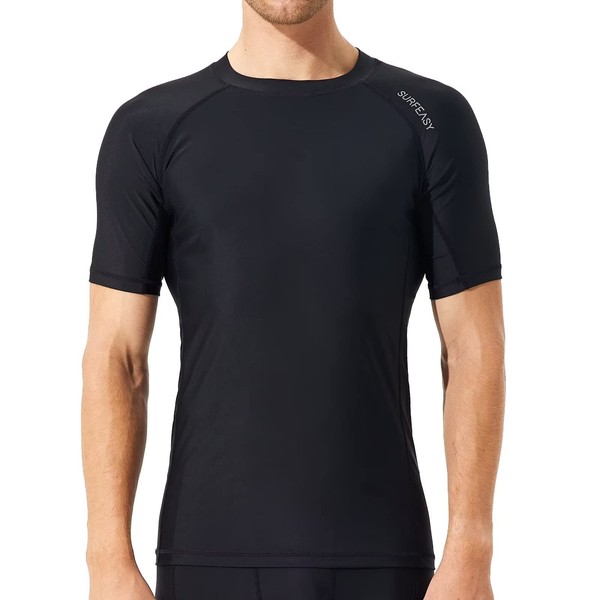 SURFEASY Men's Rash Vest Swim Shirts, Sun Protection Short Sleeve Quick Drying Rash Guard Base Layer Snorkeling Swimming Surfing Tops (Black,M)