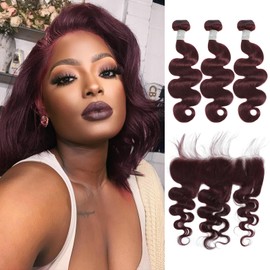 MOMOSHERO 99j Red Wine Colored 3 Bundles and 13x4 Ear to Ear HD Frontal Human Hair Body Wave 20 22 24+20 In, Soft and Glossy 12A Dark Burgundy Bundles with Frontal Free Part Pre Plucked 100% Remy Hair
