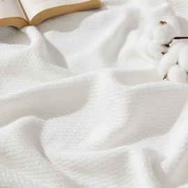 Bedsure 100% Cotton Blanket Queen Size for Bed - Breathable and Lightweight, Soft Cozy Textured Herringbone Woven Blanket for Summer Spring, White, 90x90 inches