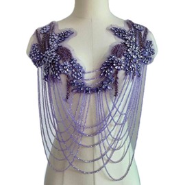 JRYYR Purple Rhinestone Tassel Applique, Flower Shape, 11.46" x 12.2", Sewing, Formal, 1 Piece