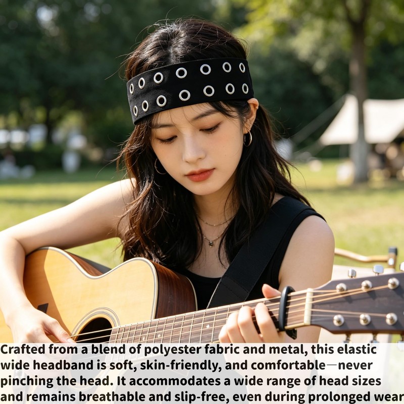 2 Pcs Women Black Grommet Headbands, Elastic Studded Headband with