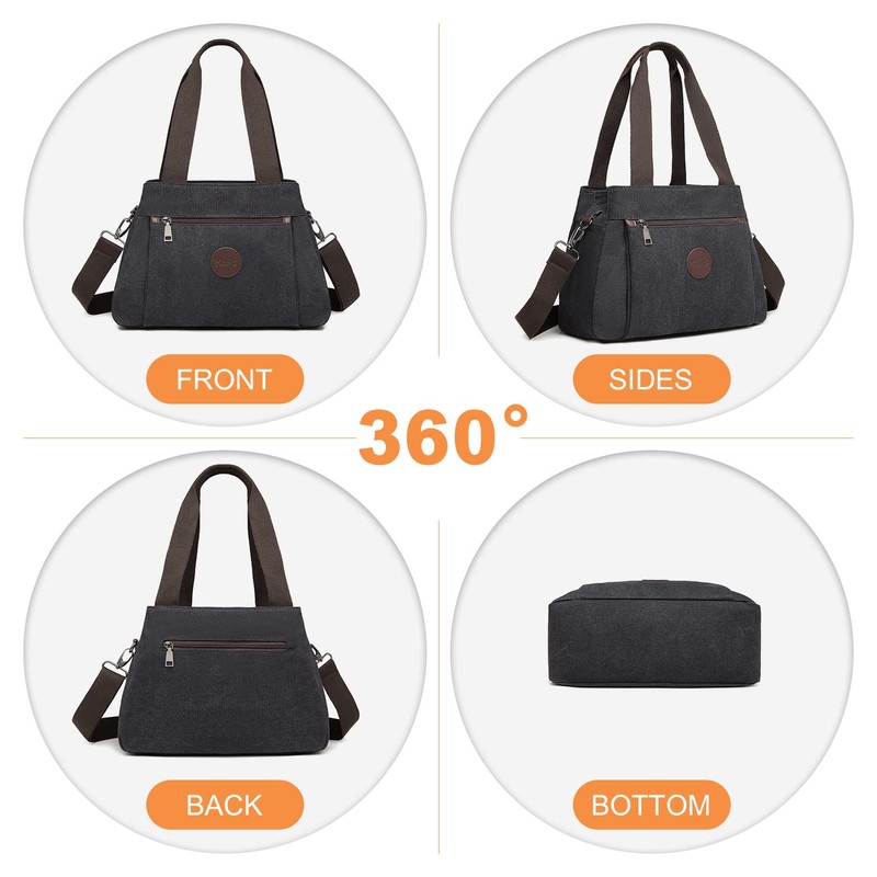 KONO Canvas Handbag Women Shoulder Bag, black, Retro