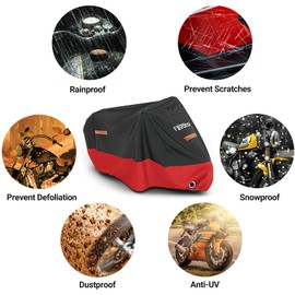 Favoto XXXL Waterproof Motorcycle Cover, Updated 210D Oxford Outdoor Motorbike Cover with UV Protection, Scratch-Resistant, Windproof Buckles, Fits up to 104 inch / 265 cm, Black/Red