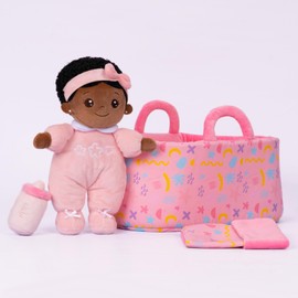 OUOZZZ Baby Doll with Carry Bag and Doll Accessories, Pink, 25 cm Soft African Rag Doll, Cuddly Doll for Children from 3 Months - Baby Gift for Birth Girls Boys
