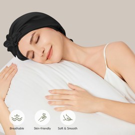 100% Mulberry Silk Bonnet for Sleeping for Women, 22 Momme Grade-6A Single-Layer Silk Bonnet Hair Wrap for Curly Hair Sleep Cap with Soft Long Elastic Bands(1PCS,Black)