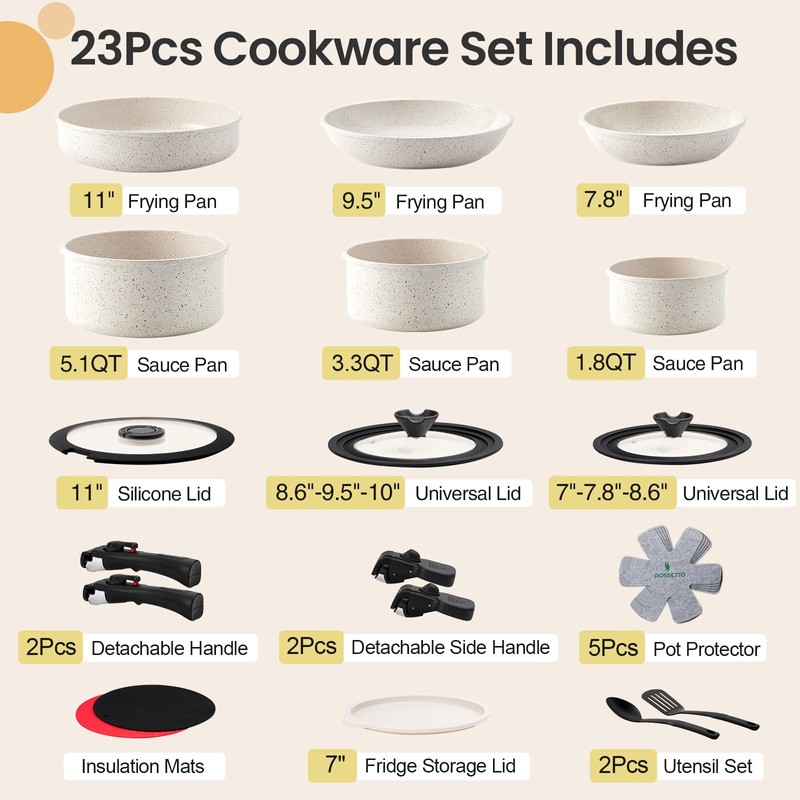 23 Pcs Nonstick Pots and Pans Set with 4 Detachable
