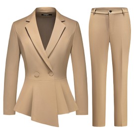 Lamgool Women's Suit Outfits Set 2 Piece Ruffle Blazer with Pants Suit Set Long Sleeve Business Casual (Khaki, Medium)