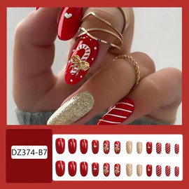 Christmas Press on Nails Almond Medium Fake Nails Glossy Red Acrylic Christmas Nails Press ons Cute Artificial Nails White Stripes Heart Bow Designs False Nails Christmas Stick on Nails for Women