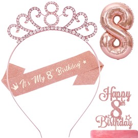 8th Birthday Sash and Tiara Rhinestone Crown for 8th Birthday Decorations Gift ( Rose Gold )