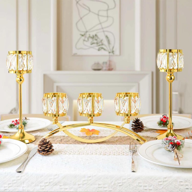 3 Arms Crystal Bowl Tealight Candelabra Votive Candle Stand, Wedding