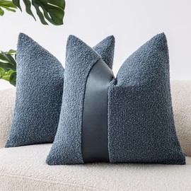 SINYASAN 20"x20" Denim Blue Boucle Throw Pillow Covers with Faux Leather Accents Set of 2 Fluffy Textured Decorative Pillow Cases for Couch Bed Boho Farmhouse Square Cushion Covers for Nordic Home