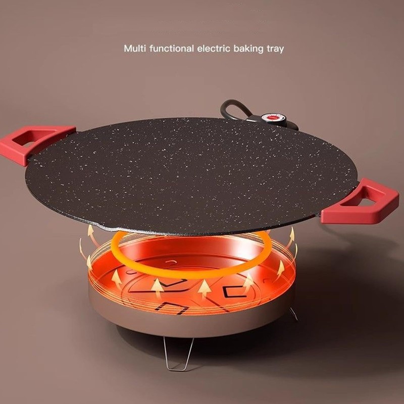Electric Smokeless Grill, Non-Stick BBQ Griddle with Temperature Control, Round