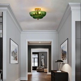 Semi Flush Mount Ceiling Light, Green Glass Ceiling Light Fixture, 3-Bulb Gold Close to Ceiling Light, Vintage Glass Ceiling Lights for Bedroom Kitchen Living Room, Support inline roof installation