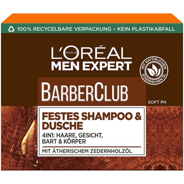 L'Oréal Men Expert Solid Shampoo for Men, XL Soap Bar for Cleansing Body, Hair & Beard, with Nourishing Cedar Oil Complex, Barber Club, 1 x 80g