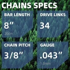2 Pack 8 Inch Chainsaw Chain 043" Gauge, 3/8" LP Pitch, 34 Drive Links, Replacement Pole Saw Chain for 8" Bar Fit for DeWalt DCPS620, 20V MAX XR Li-Ion, Poulan, Craftsman and More R34