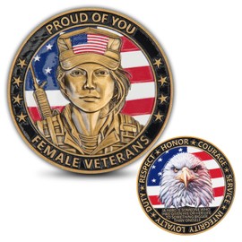 Female Veteran Challenge Coin – Proud of You Military Coin with Bald Eagle Backside – Women’s Veteran Tribute Coin with Acrylic Protector for Army Navy Air Force Marines