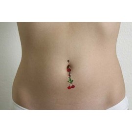 Majestic body jewelry Dangling Cherries Red Jeweled Navel Ring