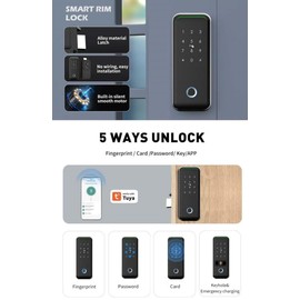 Smart Door Lock with Alloy Deadbolt | 5-in-1 Keyless Entry, Fingerprint Recognition, Touchscreen Keypad, IC Card, Remote in-App Entry and Monitoring and Comes with Mechanical Keys